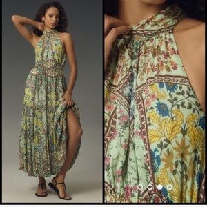 Anthropologie The Somerset Floral Print Boho Tiered Halter Maxi Dress Small
